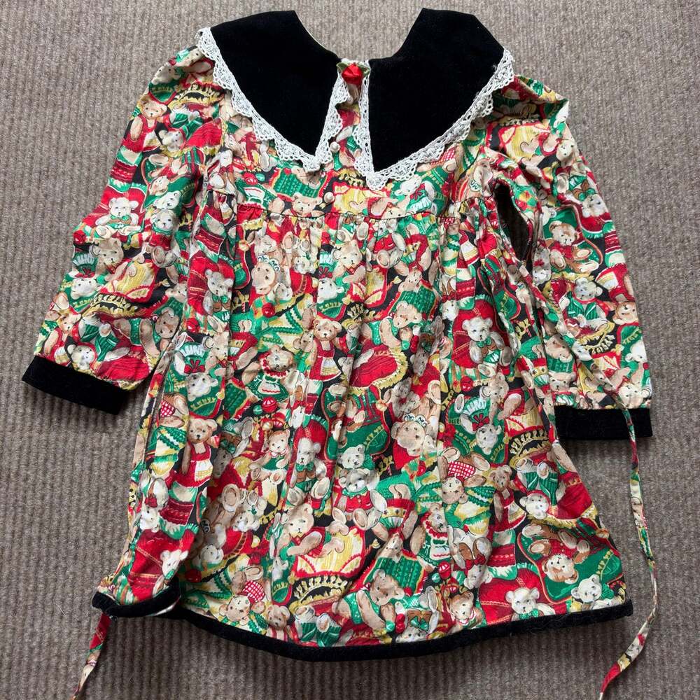 Vintage Kids Teddy Bear Christmas Dress 3T Little Precious Made in USA